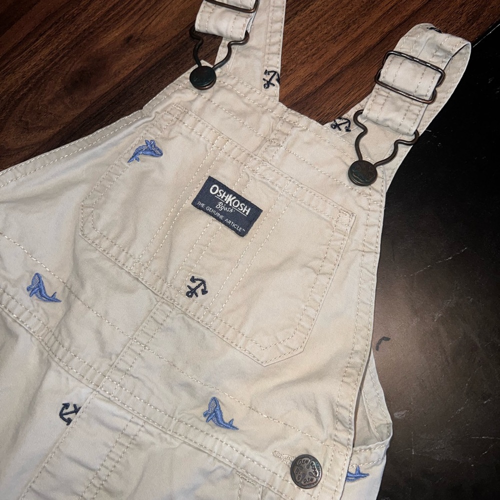OshKosh B'gosh Cream and Blue Overalls with Nautical Pattern